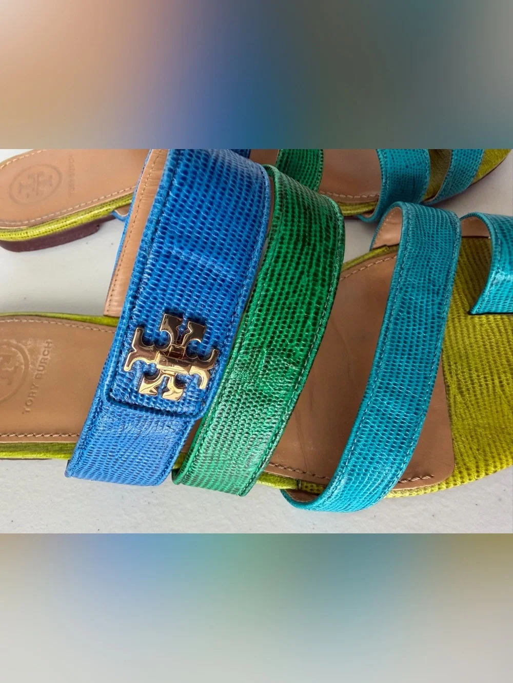 Tory Burch Kira Toe Ring Sandals Blue Green Leather Size 8 M